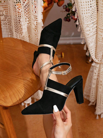 Women's Black Faux Suede T-Strap Pointed Toe Block Heel Pumps