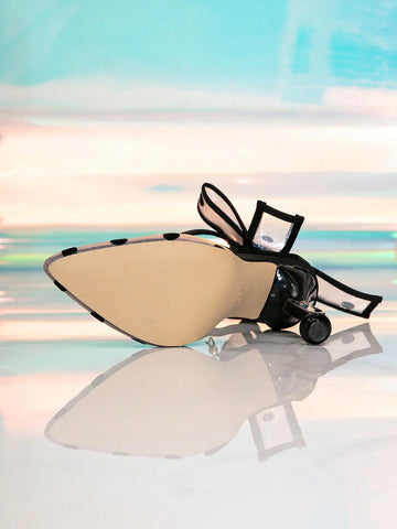 Women's Black Heart & Hollow Sharp Toe High Heels With Bowknot Mesh Design, Polka Dot, Strappy Banquet Shoes