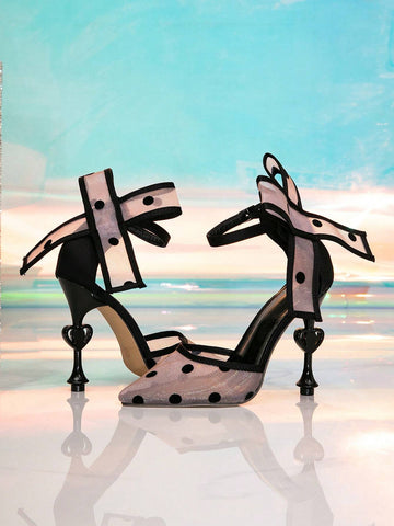 Women's Black Heart & Hollow Sharp Toe High Heels With Bowknot Mesh Design, Polka Dot, Strappy Banquet Shoes