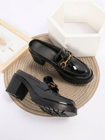 Women's Black High Heels, Waterproof Platform Thick Heel Shoes, Patent Leather Formal Work Loafers