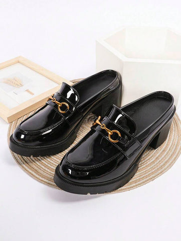 Women's Black High Heels, Waterproof Platform Thick Heel Shoes, Patent Leather Formal Work Loafers