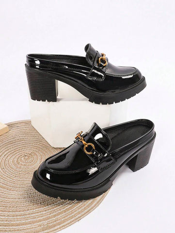 Women's Black High Heels, Waterproof Platform Thick Heel Shoes, Patent Leather Formal Work Loafers