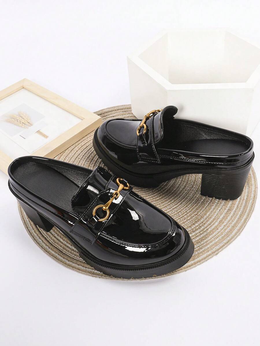 Women's Black High Heels, Waterproof Platform Thick Heel Shoes, Patent Leather Formal Work Loafers