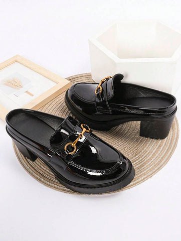 Women's Black High Heels, Waterproof Platform Thick Heel Shoes, Patent Leather Formal Work Loafers