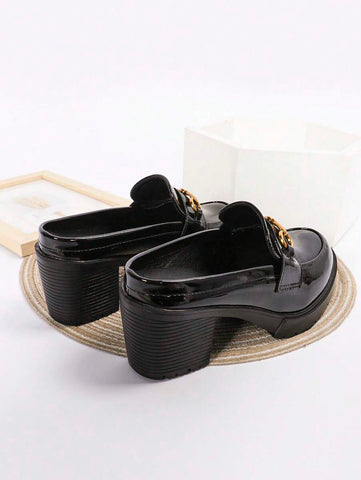 Women's Black High Heels, Waterproof Platform Thick Heel Shoes, Patent Leather Formal Work Loafers