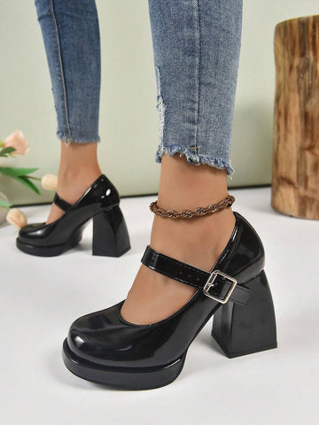 Women's Black Patent Leather Mary Jane High Heels