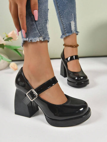 Women's Black Patent Leather Mary Jane High Heels