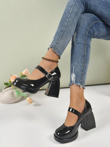Women's Black Patent Leather Mary Jane High Heels