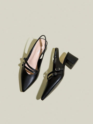 Women's Black Pointed Toe Double Buckle Strap Chunky Heel Pumps, Elegant Pointed Toe Formal High Heels