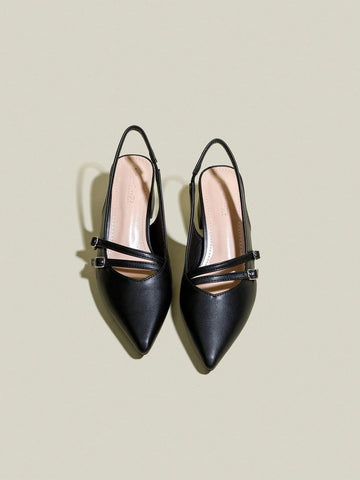 Women's Black Pointed Toe Double Buckle Strap Chunky Heel Pumps, Elegant Pointed Toe Formal High Heels