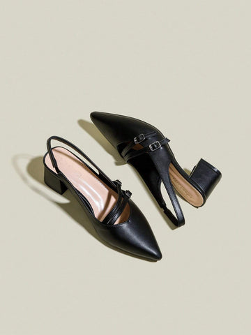 Women's Black Pointed Toe Double Buckle Strap Chunky Heel Pumps, Elegant Pointed Toe Formal High Heels