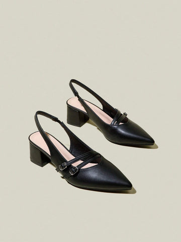 Women's Black Pointed Toe Double Buckle Strap Chunky Heel Pumps, Elegant Pointed Toe Formal High Heels