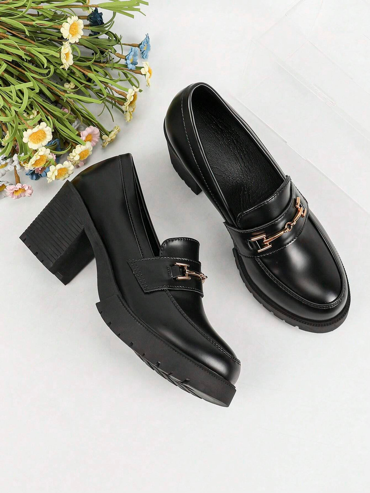 Women's Black Waterproof Platform High Heels With Thick Bottom, Patent Leather