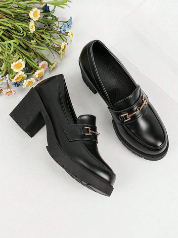 Women's Black Waterproof Platform High Heels With Thick Bottom, Patent Leather