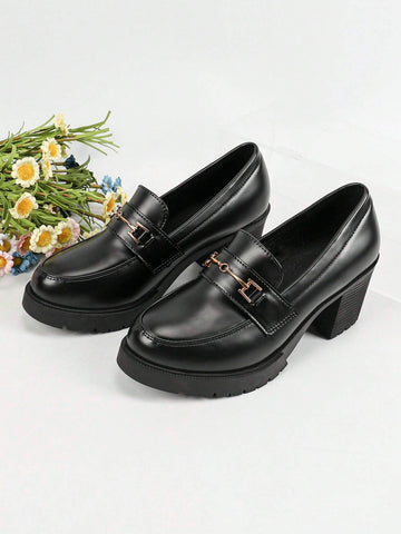 Women's Black Waterproof Platform High Heels With Thick Bottom, Patent Leather