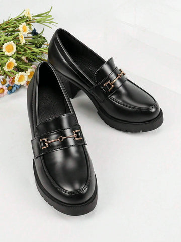 Women's Black Waterproof Platform High Heels With Thick Bottom, Patent Leather