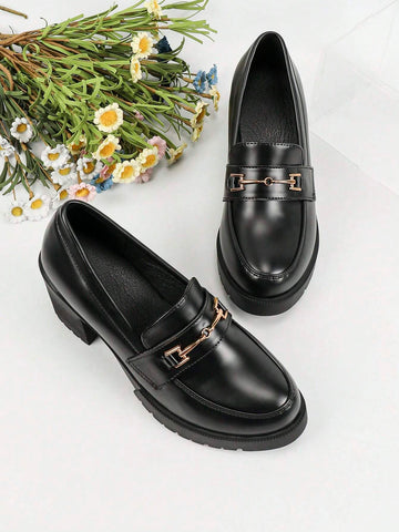 Women's Black Waterproof Platform High Heels With Thick Bottom, Patent Leather