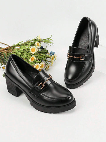 Women's Black Waterproof Platform High Heels With Thick Bottom, Patent Leather