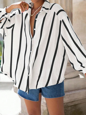 Women's Black & White Striped Loose Blouse, Elegant Cardigan Top, Work, Fashion, Casual
