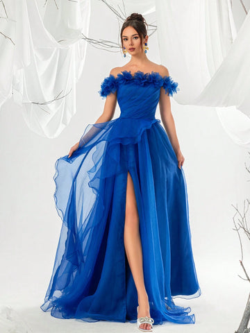 Women's Blue Off Shoulder 3d Floral Mesh High Side Slit Evening Prom Dress
