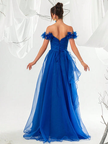 Women's Blue Off Shoulder 3d Floral Mesh High Side Slit Evening Prom Dress