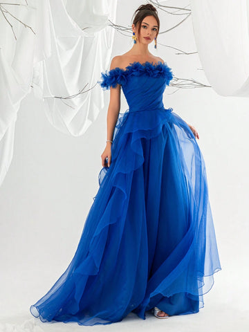 Women's Blue Off Shoulder 3d Floral Mesh High Side Slit Evening Prom Dress