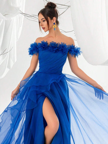 Women's Blue Off Shoulder 3d Floral Mesh High Side Slit Evening Prom Dress