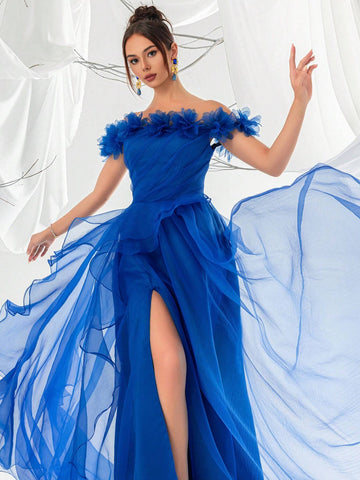 Women's Blue Off Shoulder 3d Floral Mesh High Side Slit Evening Prom Dress