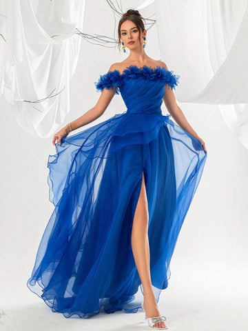 Women's Blue Off Shoulder 3d Floral Mesh High Side Slit Evening Prom Dress