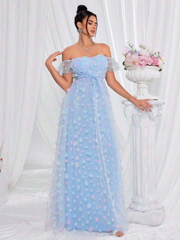 Women's Blue Off Shoulder Mesh Evening Dress