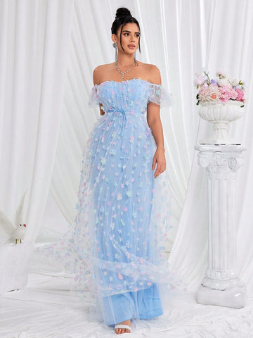 Women's Blue Off Shoulder Mesh Evening Dress