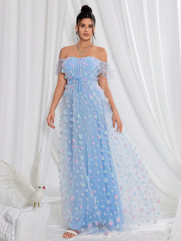 Women's Blue Off Shoulder Mesh Evening Dress