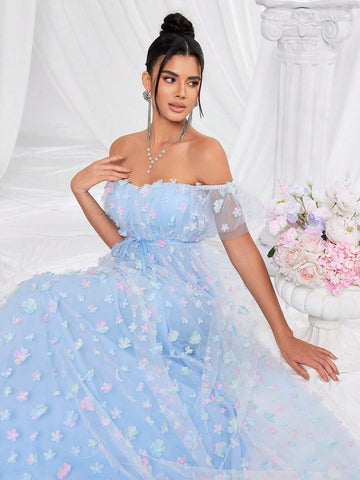 Women's Blue Off Shoulder Mesh Evening Dress