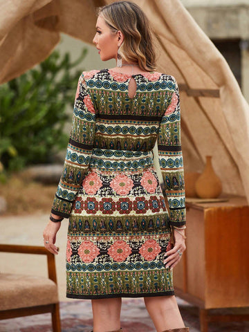 Women's Bohemian Casual Digital Floral Printed Mid-Long Dress With Round Neck, Autumn And Winter