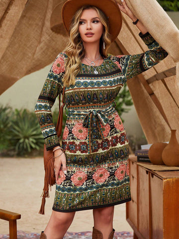 Women's Bohemian Casual Digital Floral Printed Mid-Long Dress With Round Neck, Autumn And Winter