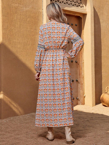 Women's Bohemian Casual Long Dress With V-Neck, Wrap Sleeves And Irregular Print Pattern For Fall/Winter