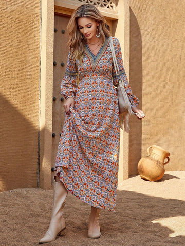 Women's Bohemian Casual Long Dress With V-Neck, Wrap Sleeves And Irregular Print Pattern For Fall/Winter