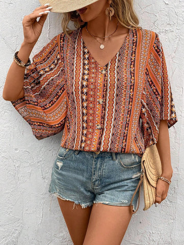 Women's Bohemian Style Printed Mid-Sleeve Shirt (Floral Print)