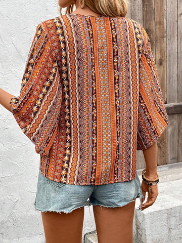 Women's Bohemian Style Printed Mid-Sleeve Shirt (Floral Print)