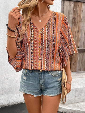 Women's Bohemian Style Printed Mid-Sleeve Shirt (Floral Print)