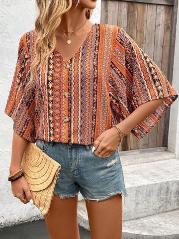 Women's Bohemian Style Printed Mid-Sleeve Shirt (Floral Print)