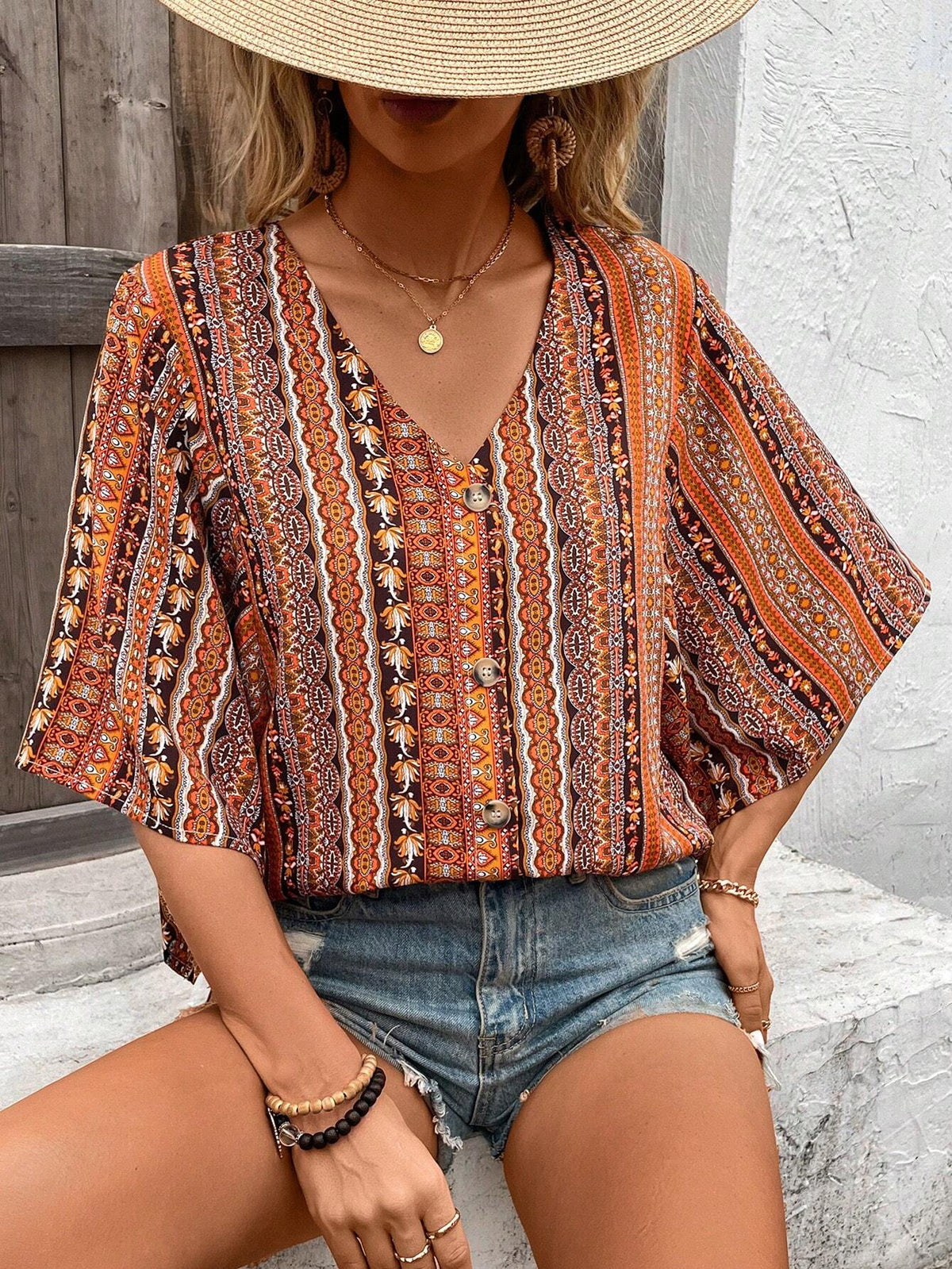 Women's Bohemian Style Printed Mid-Sleeve Shirt (Floral Print)