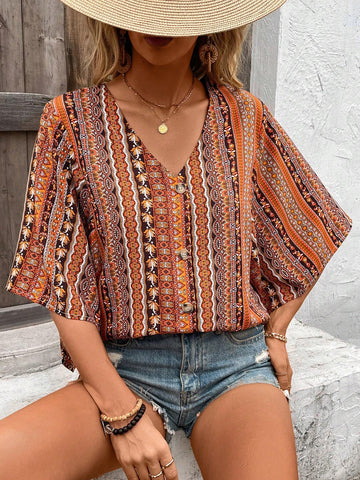 Women's Bohemian Style Printed Mid-Sleeve Shirt (Floral Print)