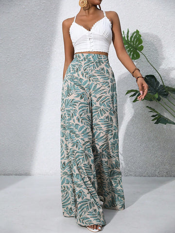 Women's Boho Style High Waist Ditsy Floral Chiffon Wide Leg Palazzo Pants
