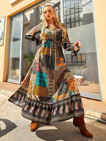 Women's Botanical Flower Printed Woven Long Sleeve Dress