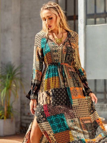 Women's Botanical Flower Printed Woven Long Sleeve Dress