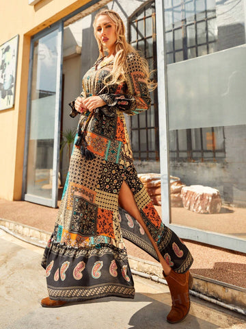 Women's Botanical Flower Printed Woven Long Sleeve Dress
