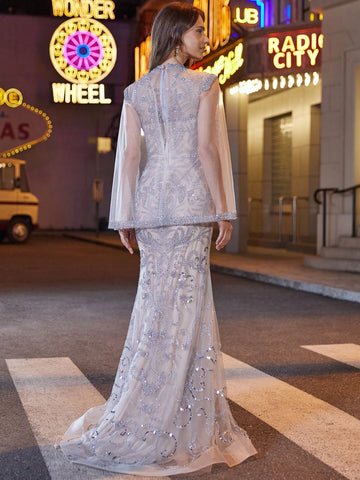 Women's Botanical Rhinestone Decor Cape Sleeve Evening Party Dress