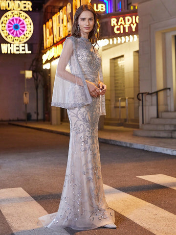 Women's Botanical Rhinestone Decor Cape Sleeve Evening Party Dress