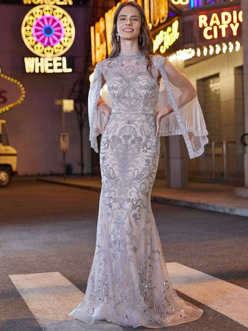 Women's Botanical Rhinestone Decor Cape Sleeve Evening Party Dress